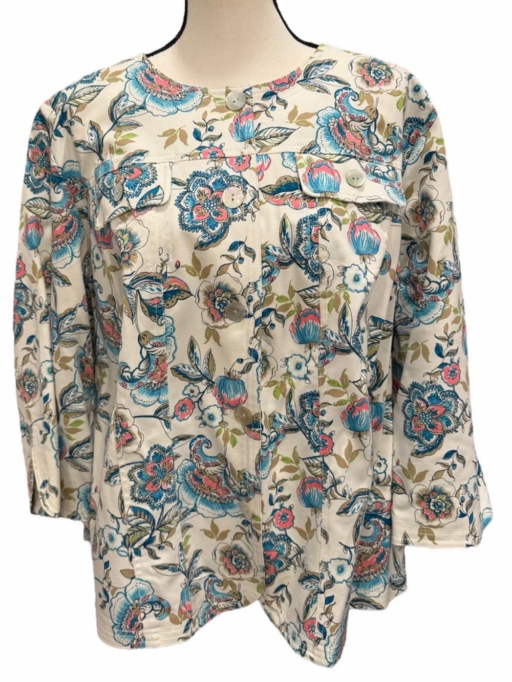 Ruby Rd. Woman Jacket Sz 22W White Blue Pink Floral 3/4 Sleeve Button Up Pockets